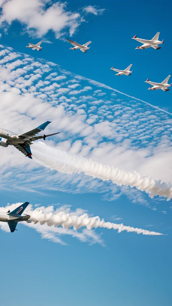A commercial airplane mid-flight encountering a flock of geese, with birds hitting the engines.