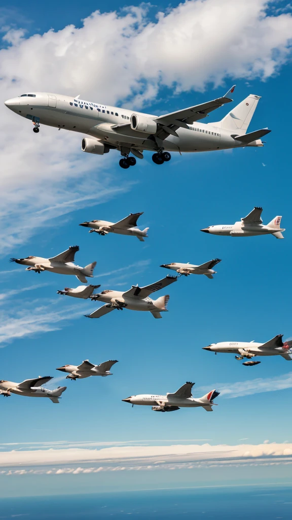 A commercial airplane mid-flight encountering a flock of geese, with birds hitting the engines.