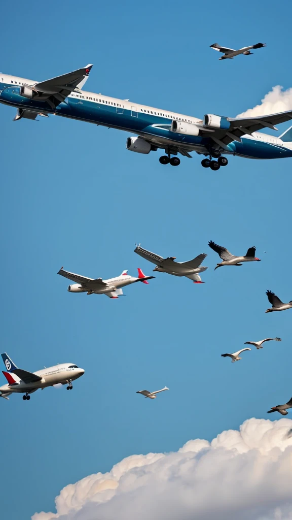 A commercial airplane mid-flight encountering a flock of geese, with birds hitting the engines.