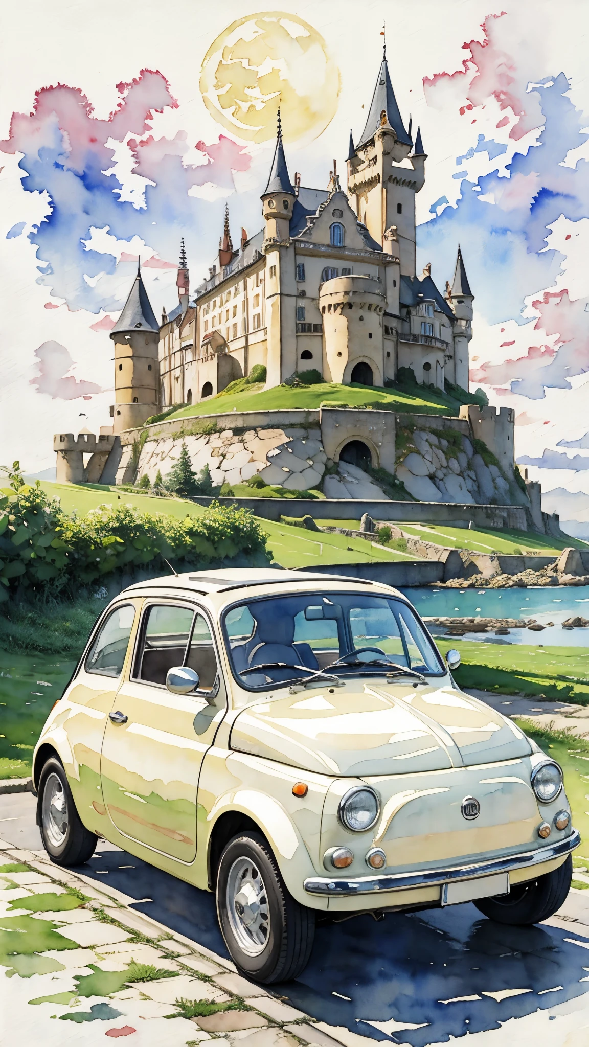 (masterpiece:1.2, Highest quality),(Very detailed),(((watercolor))),8K,wallpaper,Cream-colored Fiat 500,With the castle in the background,moon,(((Ghibli style))),透明watercolor