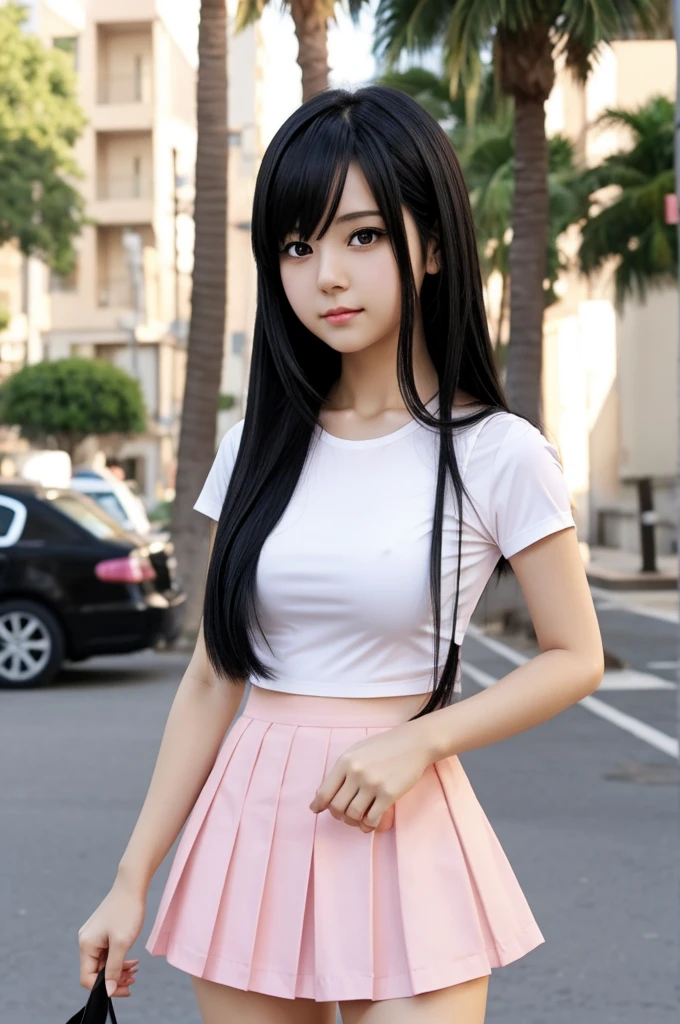 I want you to make a picture of a two-faced anime girl wearing a short pink skirt and a short white top, with long black hair, with a voluminous body