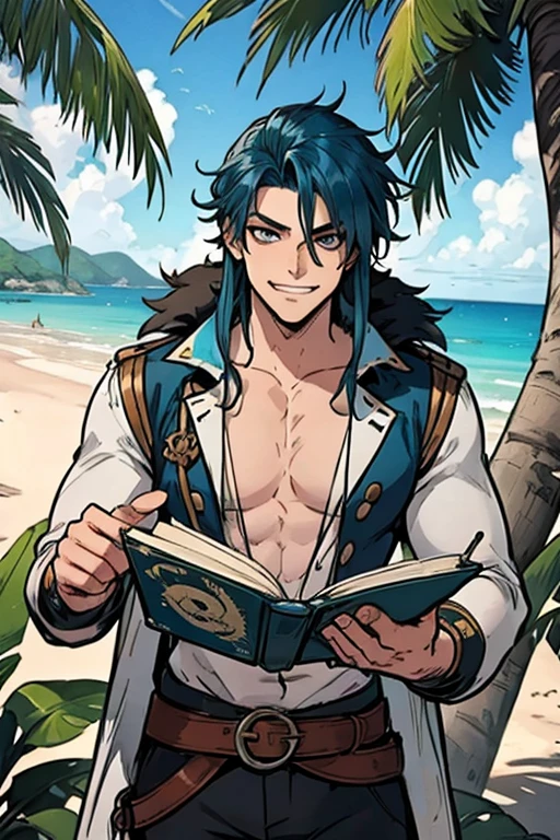 A muscular blue haired man with gray eyes and long hair in a pirate's outfit is reading a map on a tropical beach with an eager grin