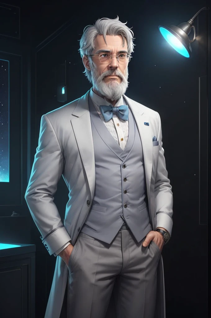 Dr. Sapiens Galileo is an approximately 45-year-old scientist with short, wavy gray hair, deep blue eyes, and a light gray beard. He wears a white lab coat over a light blue shirt with a black bow tie. He wears round metal-framed glasses and a vintage watch with a brown leather strap. He holds a futuristic tablet in one hand and a miniature model of the solar system in the other. His expression is serene and thoughtful, with an upright posture and a slight smile.
