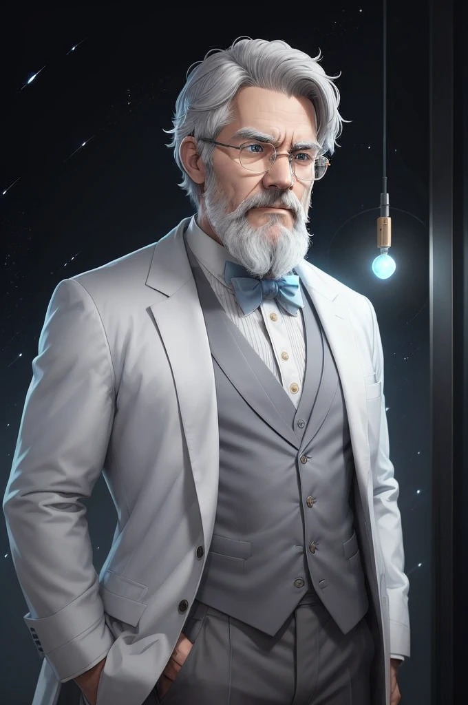Dr. Sapiens Galileo is an approximately 45-year-old scientist with short, wavy gray hair, deep blue eyes, and a light gray beard. He wears a white lab coat over a light blue shirt with a black bow tie. He wears round metal-framed glasses and a vintage watch with a brown leather strap. He holds a futuristic tablet in one hand and a miniature model of the solar system in the other. His expression is serene and thoughtful, with an upright posture and a slight smile.