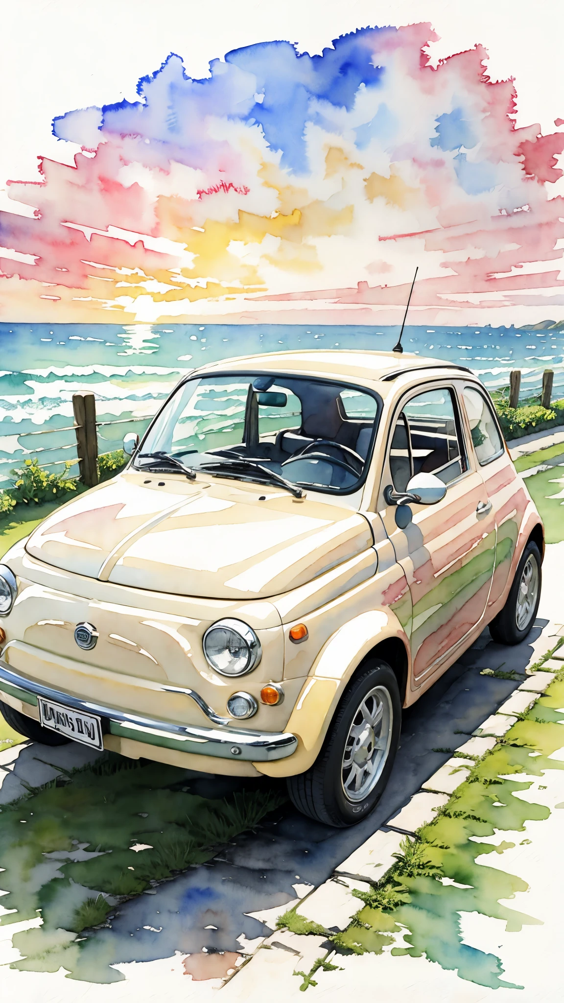 (masterpiece:1.2, Highest quality),(Very detailed),(((watercolor))),8K,wallpaper,A cream-colored Fiat 500 driving along the seaside,moon,(((Ghibli style))),透明watercolor
