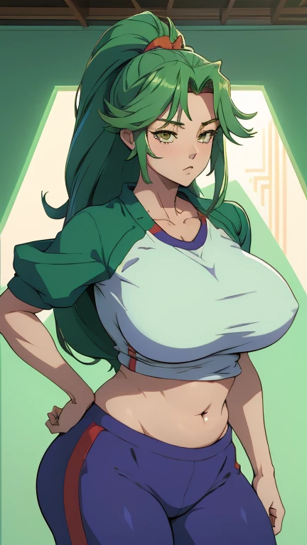 Anime girl, yuugi hoshiguma, huge yuugi hoshiguma's hairstyle, green hair, Round buson, gym suit, gorgeous plump body