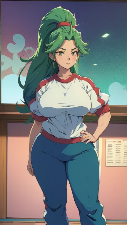 Anime girl, yuugi hoshiguma, huge yuugi hoshiguma's hairstyle, green hair, Round buson, gym suit, gorgeous plump body