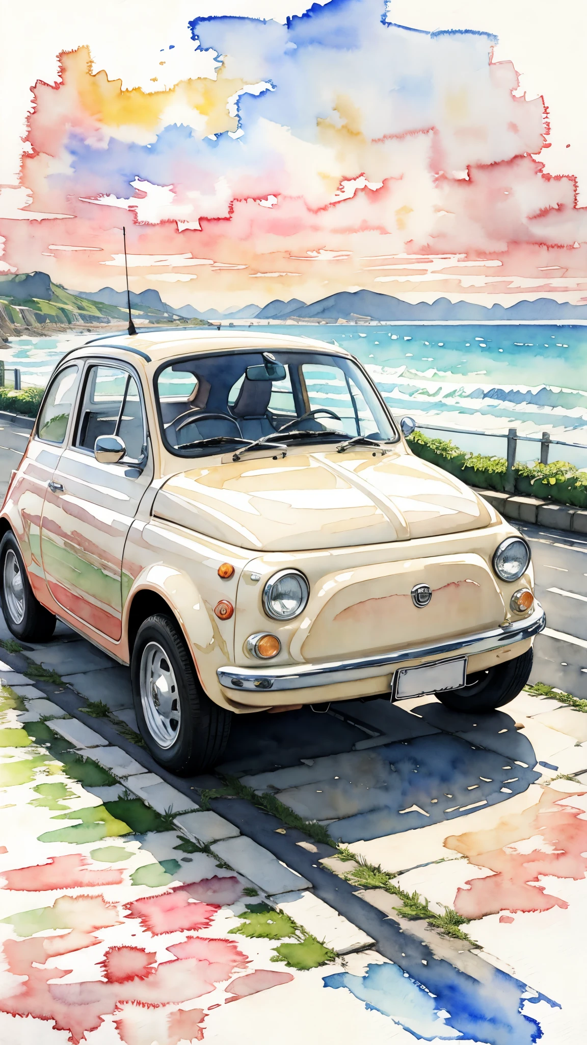 (masterpiece:1.2, Highest quality),(Very detailed),(((watercolor))),8K,wallpaper,A cream-colored Fiat 500 driving along the seaside,moon,(((Ghibli style))),透明watercolor
