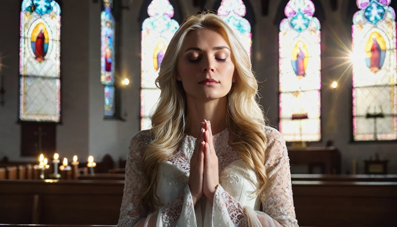 portrait of a beautiful blonde woman with her eyes closed and hands clasped in prayer in a church, catholic dress, the woman is standing in the center of the picture, magical scene, light coming from the window behind the woman