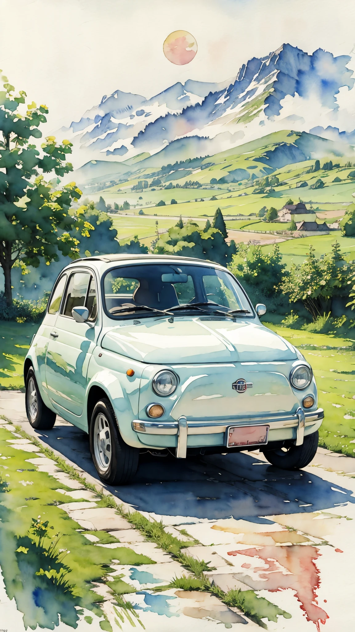 (masterpiece:1.2, Highest quality),(Very detailed),(((watercolor))),8K,wallpaper,A cream-colored Fiat 500 driving through the countryside,moon,(((Ghibli style))),透明watercolor