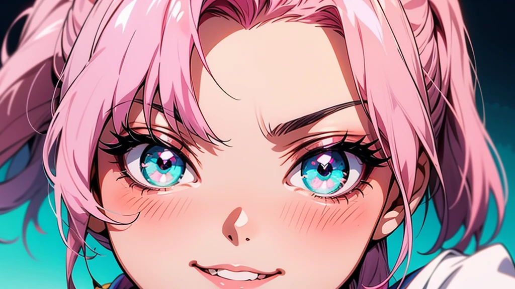 Anime girl with pink hair and heart-shaped eyes, [[[[gAlsoning evily]]]], Haruno sakura, Heart Eyes, Cute anime face, Close-up of a young anime girl, 8K!!, Pink pigtails and cyan eyes, Very cute anime girl face, 8K!, Cute anime face, Smirking expression, Also, change
