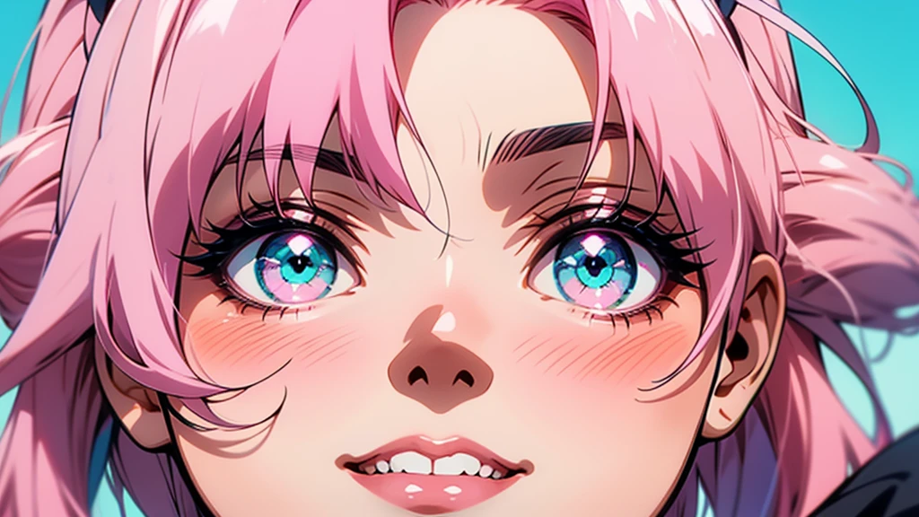 Anime girl with pink hair and heart-shaped eyes, [[[[gAlsoning evily]]]], Haruno sakura, Heart Eyes, Cute anime face, Close-up of a young anime girl, 8K!!, Pink pigtails and cyan eyes, Very cute anime girl face, 8K!, Cute anime face, Smirking expression, Also, change