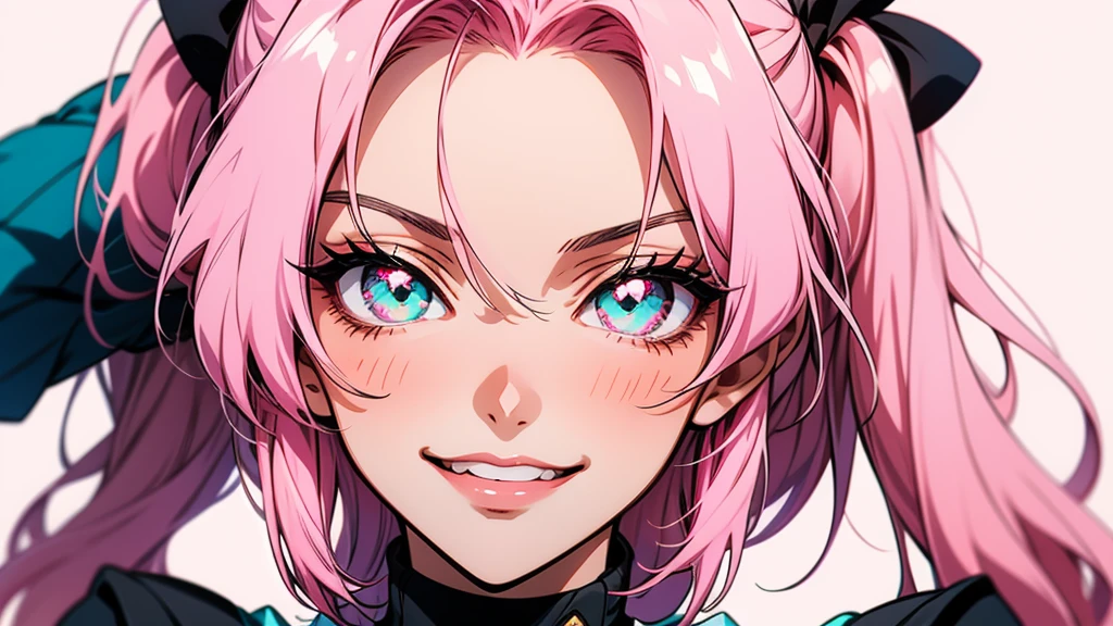 Anime girl with pink hair and heart-shaped eyes, [[[[gAlsoning evily]]]], Haruno sakura, Heart Eyes, Cute anime face, Close-up of a young anime girl, 8K!!, Pink pigtails and cyan eyes, Very cute anime girl face, 8K!, Cute anime face, Smirking expression, Also, change