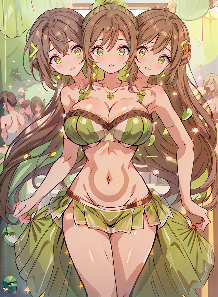 (16K), ((three headed woman)), smiling, highres, masterpiece, ((brown hair)), cleavage, large breasts, ((lime dress:1.5)), lustrous and smooth skin, (mature woman), seductive silhouette, ((crop top)), sexy proportions, Beautiful girl with accentuated slender abs, seductive woman, ((party background)), necklace, lime miniskirt, miniskirt, open belly, exposed midriff, strapless, sleeveless, yellow eyes, beautiful eyes, ((long bushy ponytail)), ((gala)), cowboy shots, very big tits, huge tits, open belly, exposed midriff
