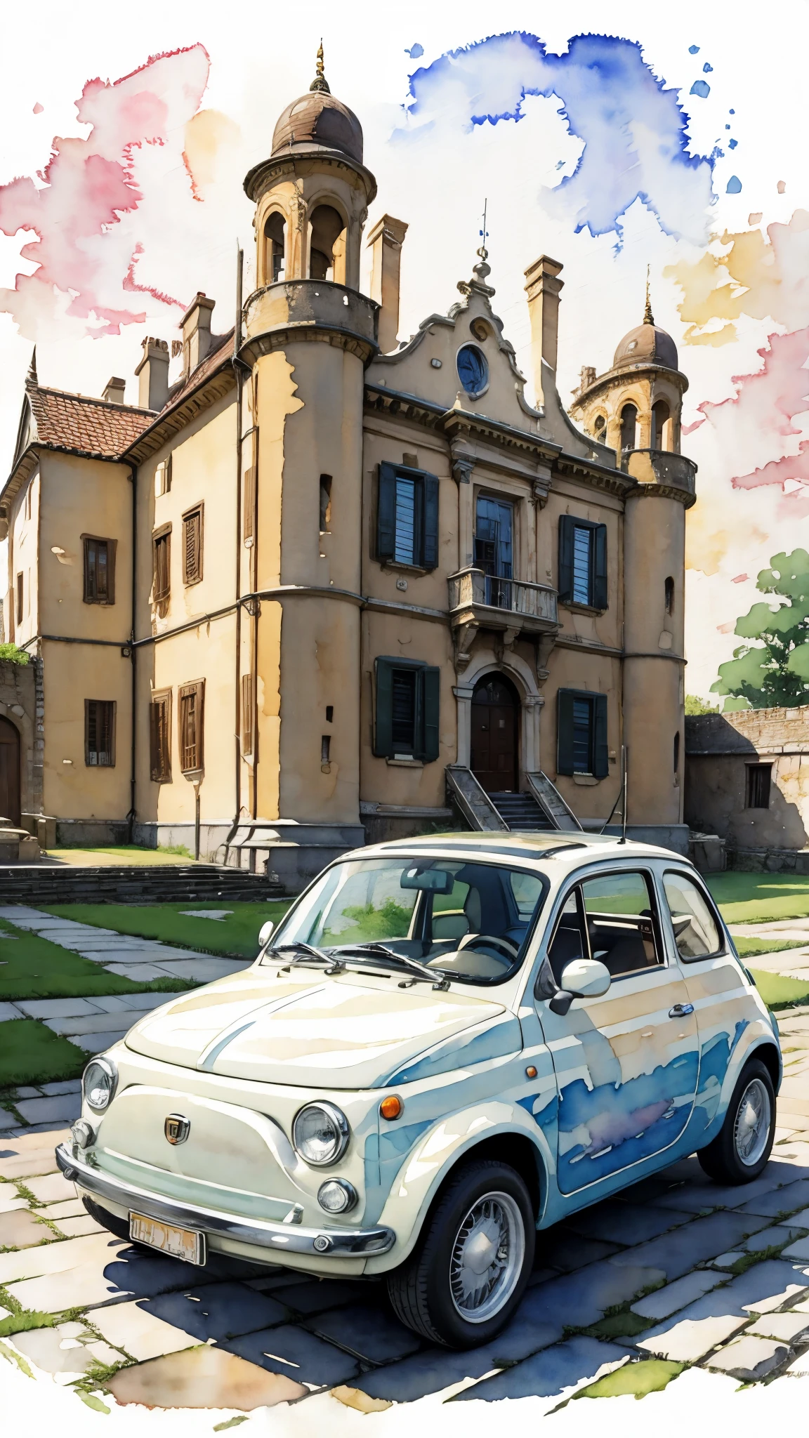 (masterpiece:1.2, Highest quality),(Very detailed),(((watercolor))),8K,wallpaper,Cream-colored Fiat 500,Castle of Cagliostro,moon,(((Ghibli style))),透明watercolor