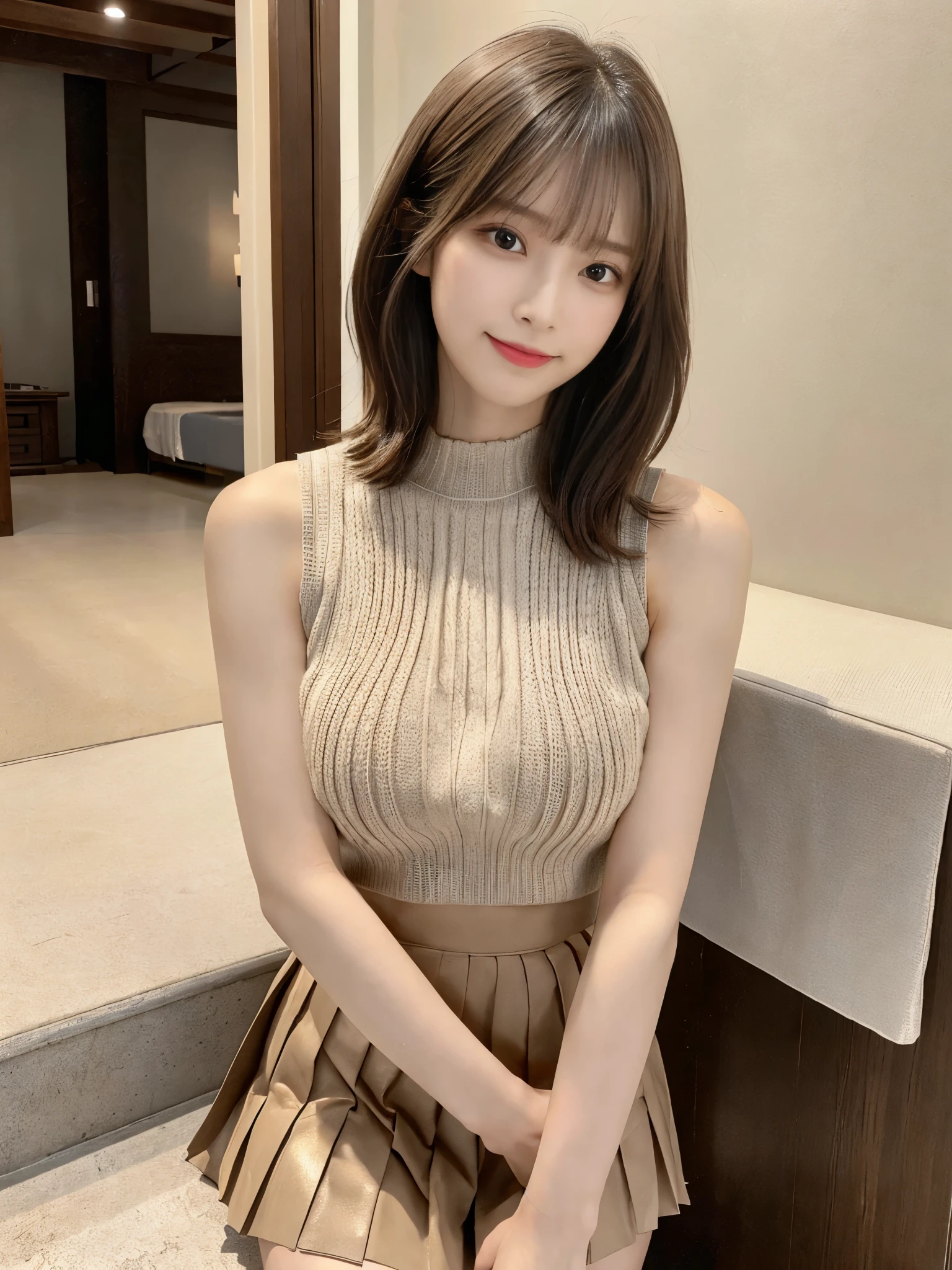 (Detailed skin:1.2),(Shiny skin:1.1),8K,Highest quality, masterpiece, Ultra-high resolution,(Realistic:1.4), RAW Photos,(Soft saturation:1.3),(Fair skin:1.2),Japanese Idols,repair,20 years, Brown Hair, Very Short Hair, Asymmetrical Hair, Asymmetrical bangs
(Pretty face:1.4), (Big Breasts, Tight waist), Beautiful lighting, Small Head,
(Mini Pleated Skirt:1.2,), Sleeveless tight knitwear,Highly detailed face, Highly detailed lips, fine grain, double eyelid,, Full Body Shot, Browsing Caution, Sharp focus: 1.2, Beautiful woman with perfect figure: 1.2、Random Pause,Accentuate the lines of your legs、smile、