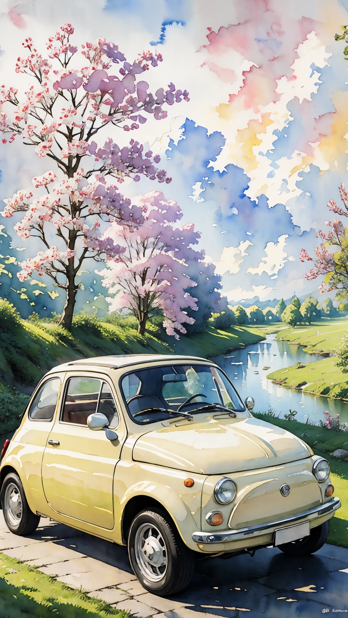 (masterpiece:1.2, Highest quality),(Very detailed),(((watercolor))),8K,wallpaper,Cream-colored Fiat 500,Riverside Road,moon,(((Ghibli style))),透明watercolor