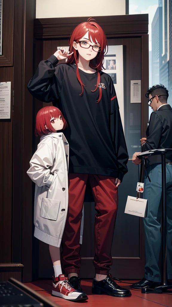  Chanel hair over the shoulder in red color, who wears glasses and baggy clothes and a black boy with glasses, with casual clothes