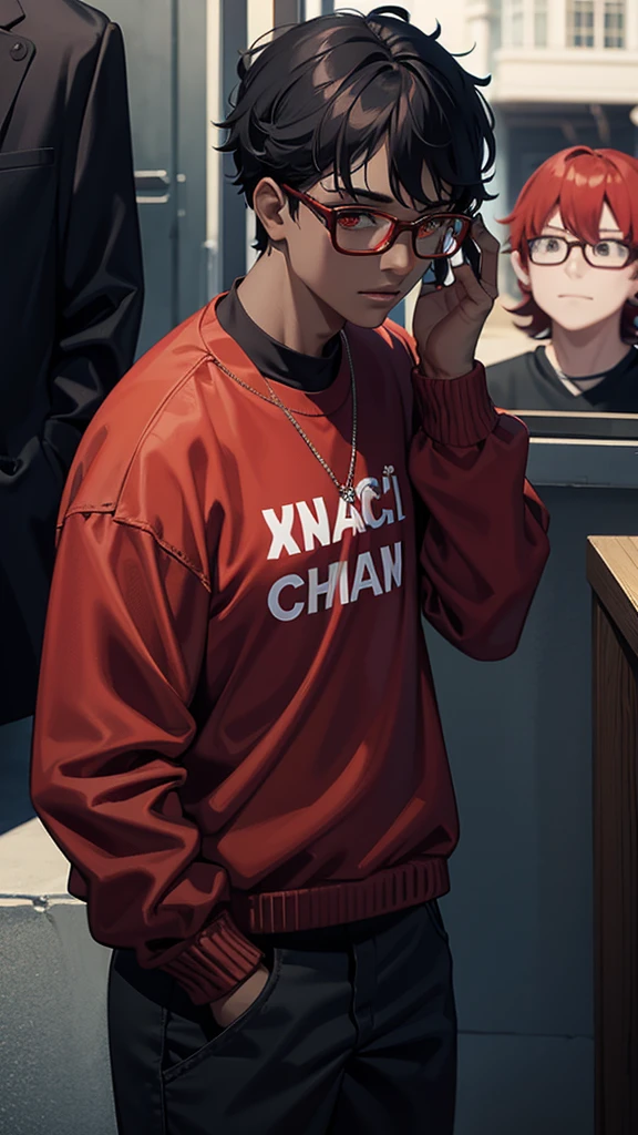  Chanel hair over the shoulder in red color, who wears glasses and baggy clothes and a black boy with glasses, with casual clothes