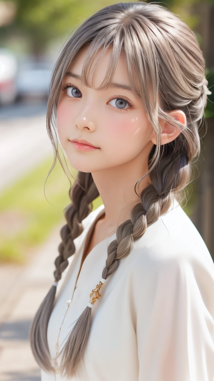 Highest quality, masterpiece,Gray Hair, Golden Eyes,White clothes, look up, Upper Body,hair,Fair skin,Side braid