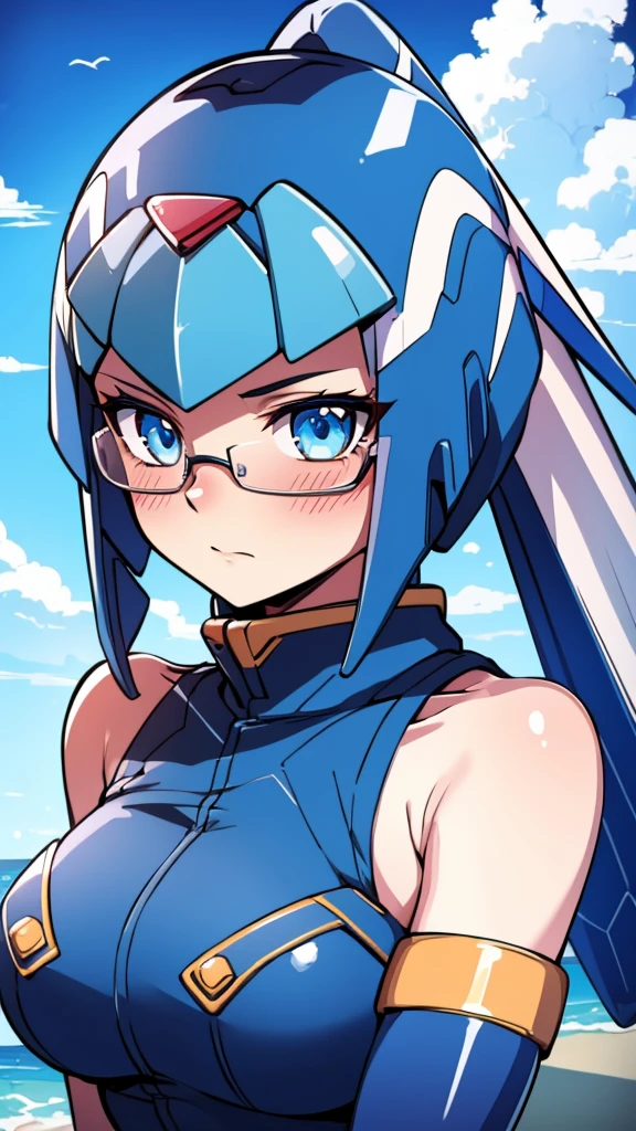 Leviathan_Megamanz, 1 Girl, looking at viewer, blue hair, Blue eyes,Clouds background , Blushed ,  , Wedding ring, Glasses, chibi , cool glasses