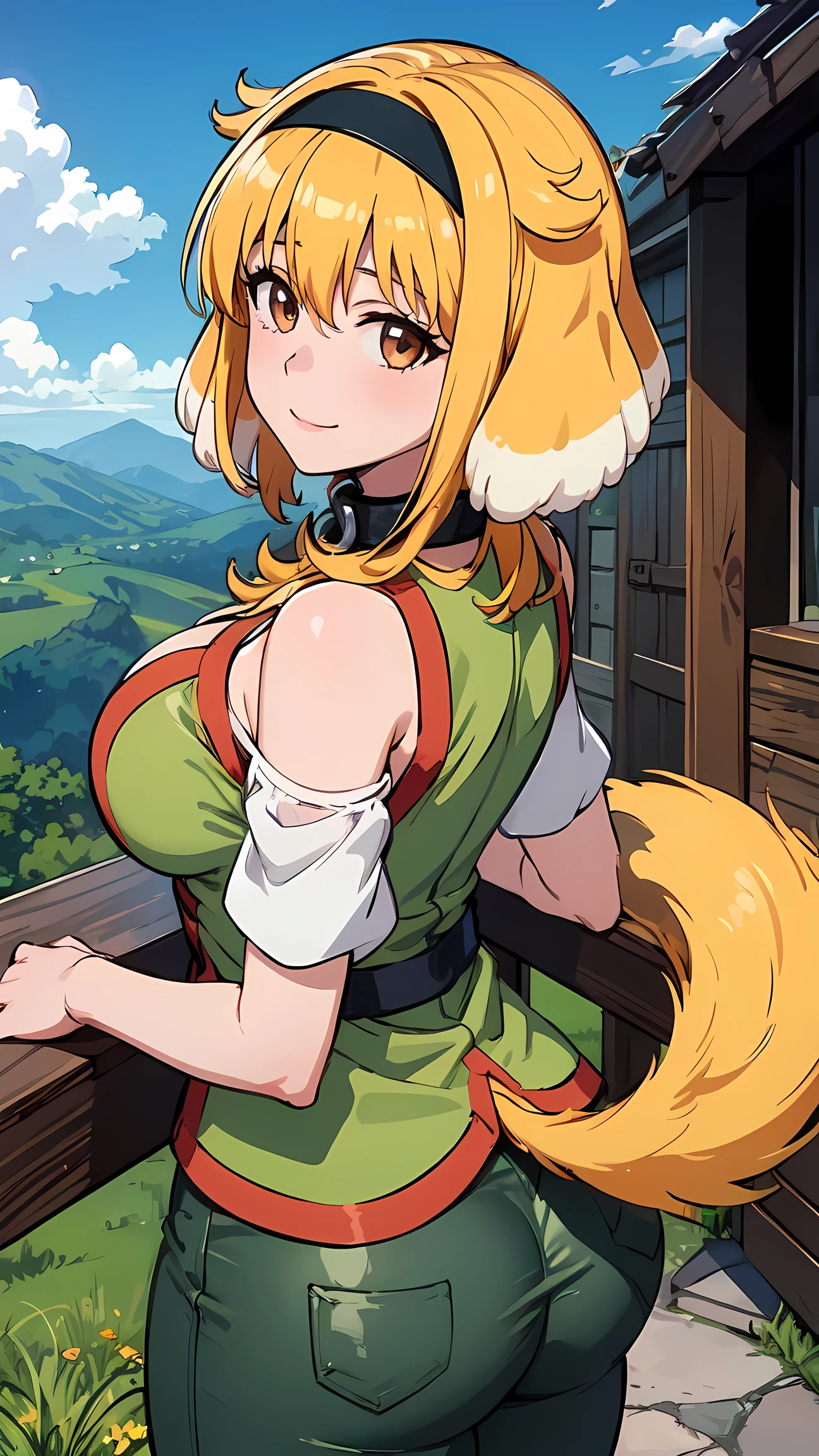 masterpiece, best quality, roxanne, dog ears, black hairband, [[[green hairband]]], collar, off-shoulder shirt, cleavage, green vest, green pants, large breasts, looking at viewer, ((dog tail above butt)), wedding_ring, happy, cabin, field, day