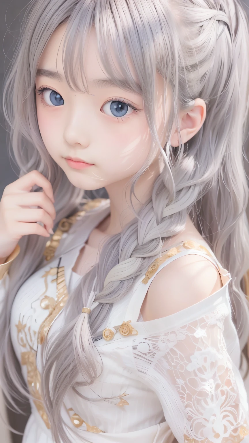 Highest quality, masterpiece,Gray Hair, Golden Eyes,White clothes, look up, Upper Body,hair,Fair skin,Side braid