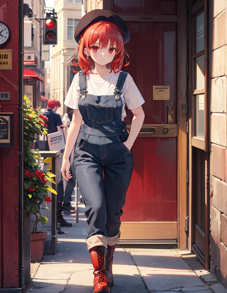Realistic,Highest quality, Ultra Detail, High-quality CG rendering, The most delicate and beautiful, Floating softly, High resolution, (1 girl), (Highest quality,4K,8K,masterpiece:1.2),(All red hair:1.5), (Medium Hair:1.5),(Red eyes:1.5),(Slightly larger breasts:1.2), (Beige overalls:1.3),(Pure white inner T-shirt:1.3),(Black boots:1.3)、(Brown Beret:1.3)、Piercing in left ear,In the city,old buildings,(whole body:1.3)