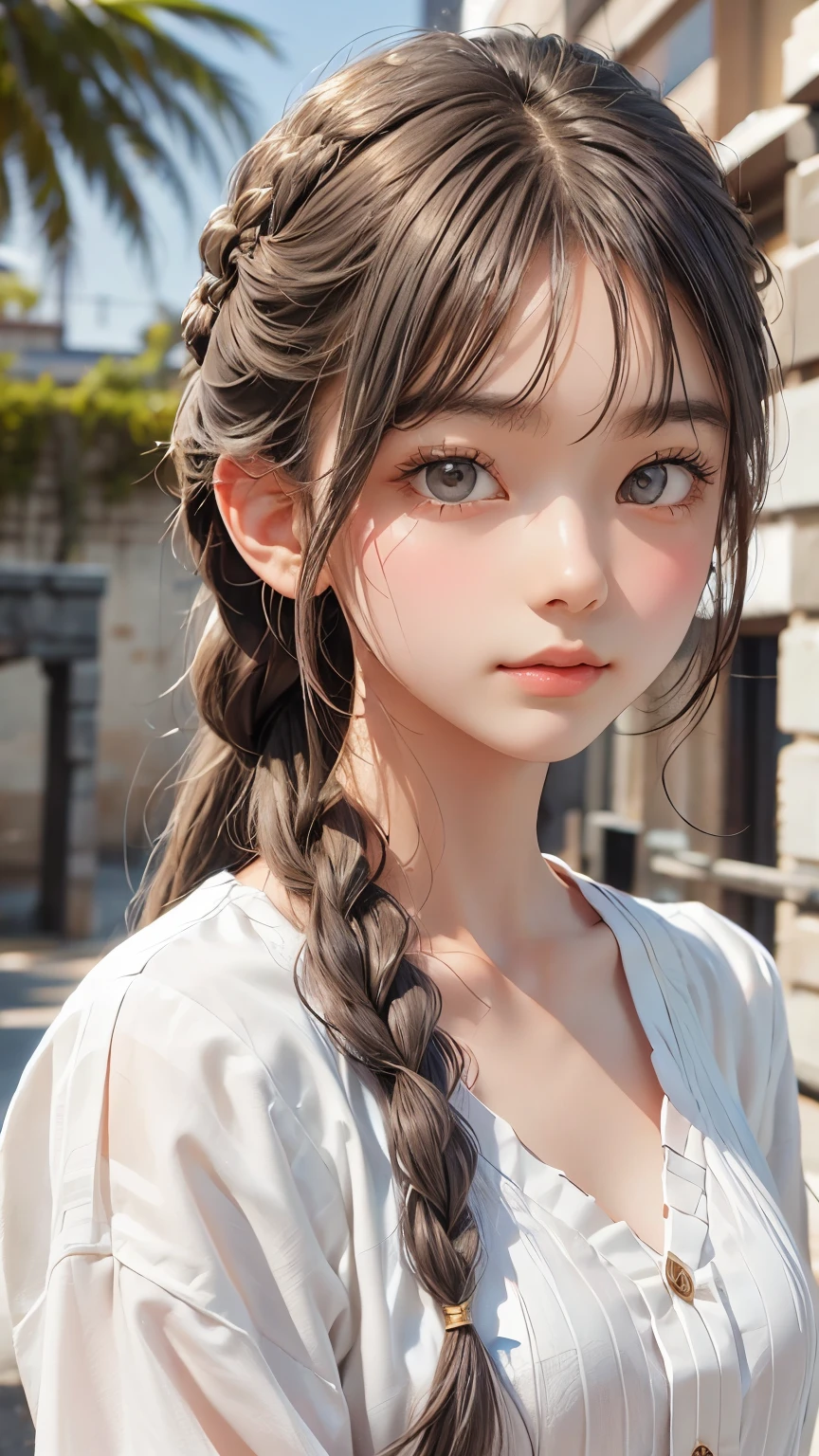 Highest quality, masterpiece,Gray Hair, Golden Eyes,White clothes, look up, Upper Body,hair,Fair skin,Side braid