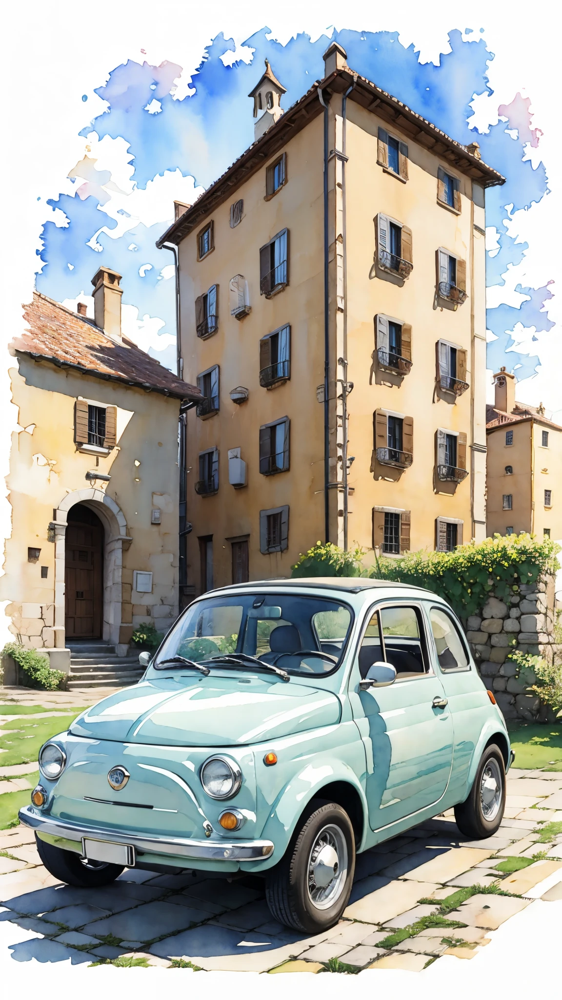 (masterpiece:1.2, Highest quality),(Very detailed),(((watercolor))),8K,wallpaper,Cream-colored Fiat 500,Castle of Cagliostro,blue sky,(((Ghibli style))),透明watercolor