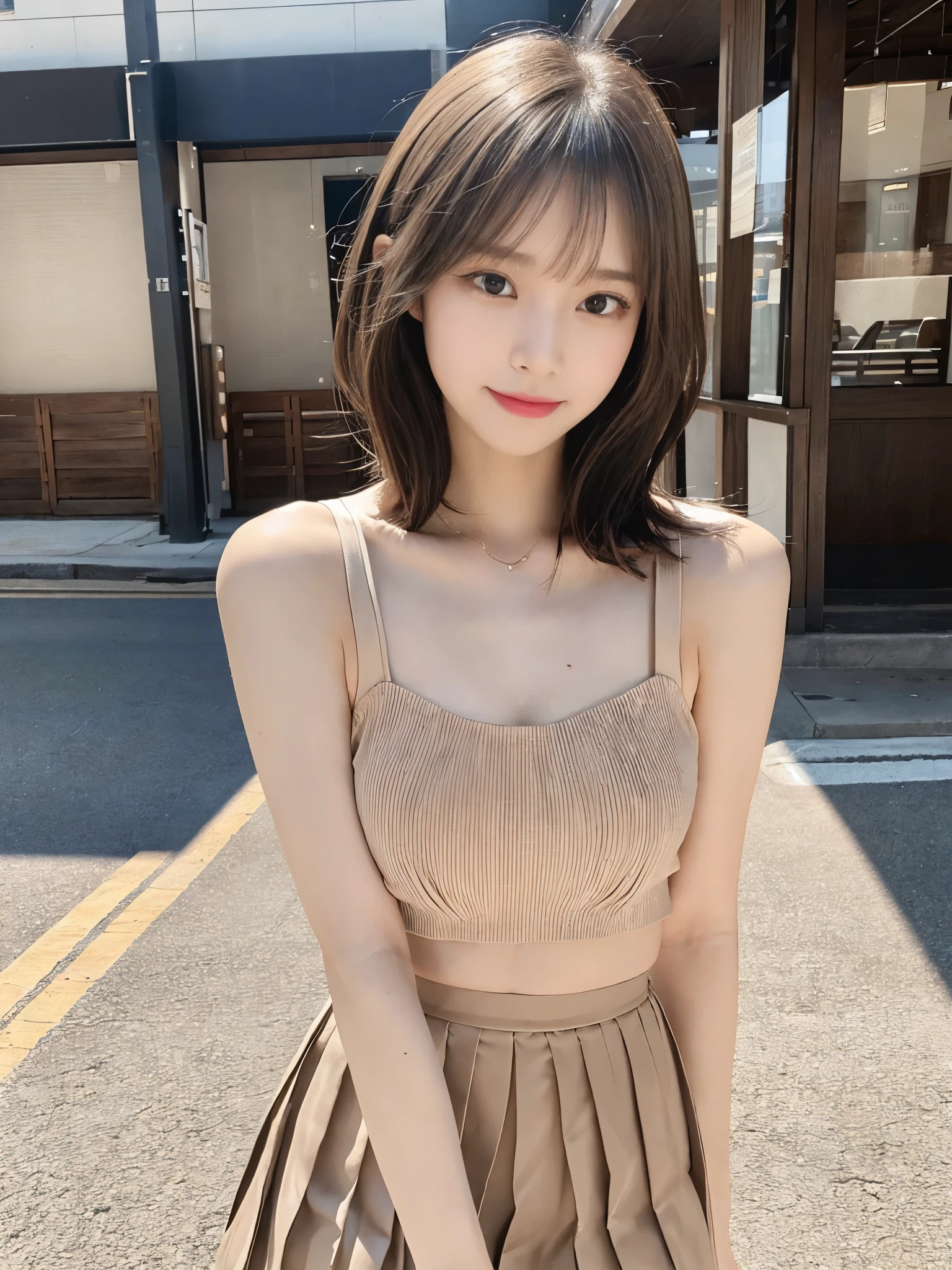 (Detailed skin:1.2),(Shiny skin:1.1),8K,Highest quality, masterpiece, Ultra-high resolution,(Realistic:1.4), RAW Photos,(Soft saturation:1.3),(Fair skin:1.2),Japanese Idols,repair,20 years, Brown Hair, Very Short Hair, Asymmetrical Hair, Asymmetrical bangs
(Pretty face:1.4), (Big Breasts, Tight waist), Beautiful lighting, Small Head,
(Mini Pleated Skirt:1.2,), Halter neck,Highly detailed face, Highly detailed lips, fine grain, double eyelid,, Full Body Shot, Browsing Caution, Sharp focus: 1.2, Beautiful woman with perfect figure: 1.2、Random Pause,Accentuate the lines of your legs、smile、