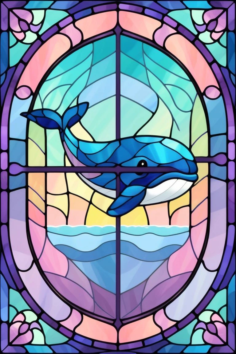 2D Stained Glass soft,pastel colors,whale in window frame. dungeons and dragons art. symmetrical design, in the style of stained glass. Digital stained glass style. pastel color scheme