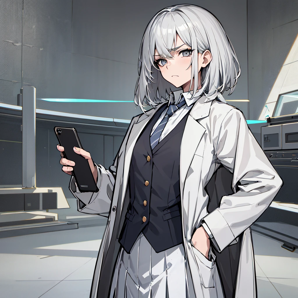 (absurdres, 8k, 4k, masterpiece, hyper extreme detailed:1.2), solo, 1girl, side view, perfect face, 1girl, portrait, looking at viewer, solo, standing, Female, Mature Female, short hair, white hair, white skirt, button shirt, white vest, gray tie, tired, fatigue, annoyed, dissatisfied, arms in front, holding phone in right hand, left hand on hip, bored, science, smart, genius, intelligent, scientist, lab_coat, white labcoat, swept bangs, bored, frown, gray eyes, silver eyes, looking down, lab background, room background, best anatomy, standing, half body,

