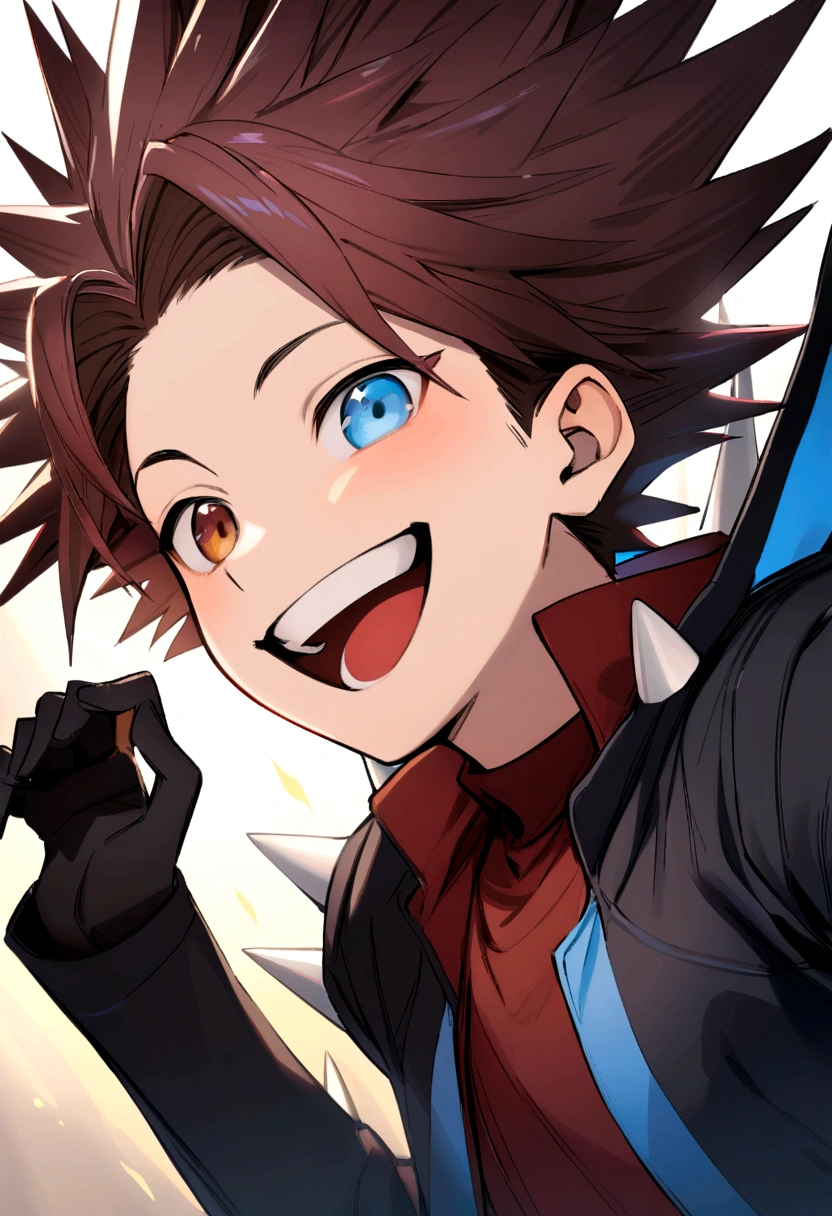 Teenage boy, big blue spiky hair, blue and brown heterochromatic eye, smile of excitement, dark red shirt with wing details, black jacket with light blue details,