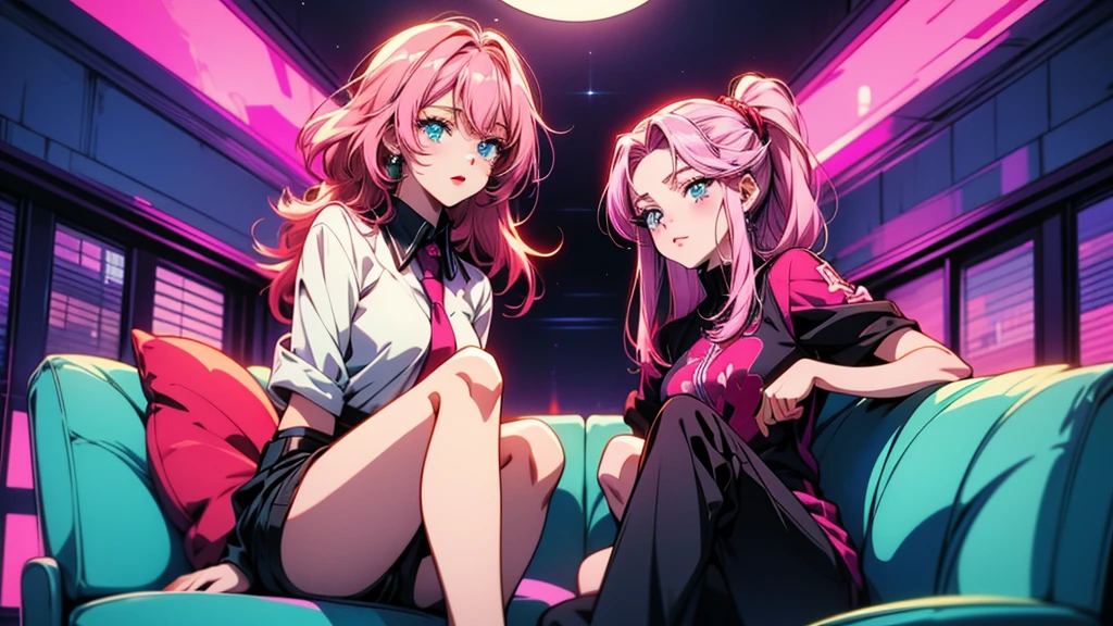 Anime character with pink hair and blue eyes sitting on sofa, Best anime 4k konachan wallpaper, Anime Style 4 k, VA-11 Hall-A, Magenta and Crimson and Cyan, no game No life, 2 d Anime Style, Anime Style. 8K, cyan and magenta, Two beautiful anime girls, UFOTABLE art style