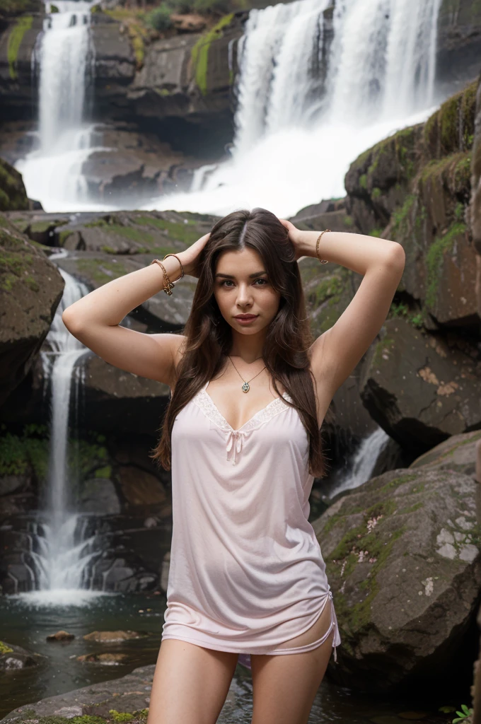 1girl in, 30 years old, Square face, Long hair, Looking at viewer, jewelry, Reality, Sexy, Nightgown colorful outfit, Waterfall backdrop , free pose