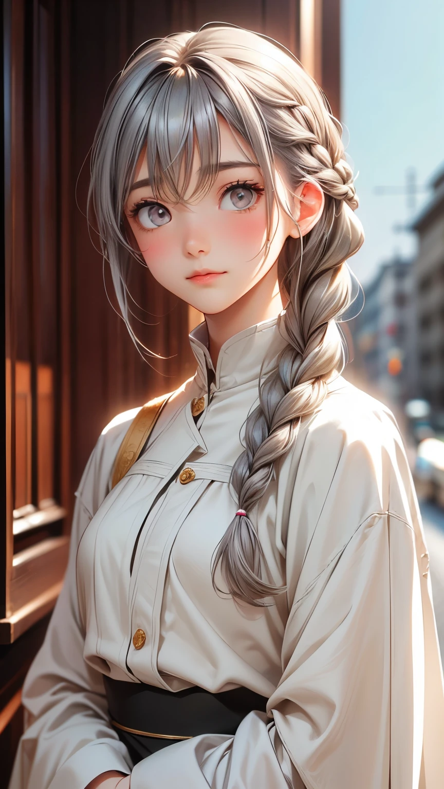 Highest quality, masterpiece,Gray Hair, Golden Eyes,White clothes, look up, Upper Body,hair,Fair skin,Side braid
