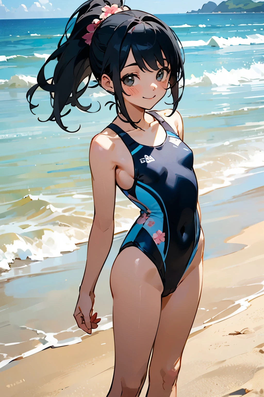 NSFW、In the best quality、age girl standing on a sandy beach。In high resolution、Beautiful details、Quiet atmosphere。Black hair ponytail、Cute Smile.。Small breasts、Cute floral one-piece swimsuit。