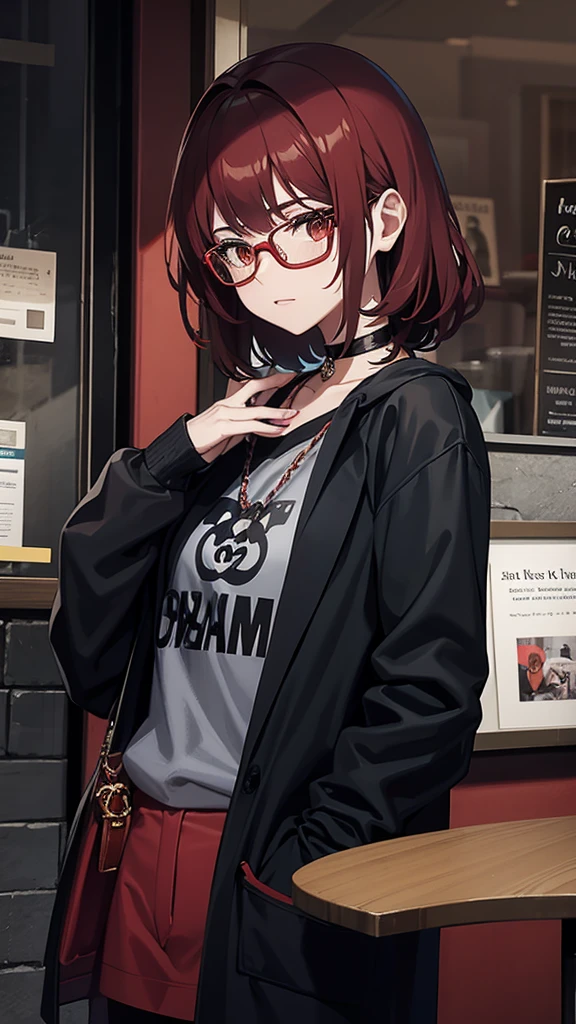  Chanel hair over the shoulder in red color, who wears glasses and baggy clothes and a black boy with glasses, with casual clothes