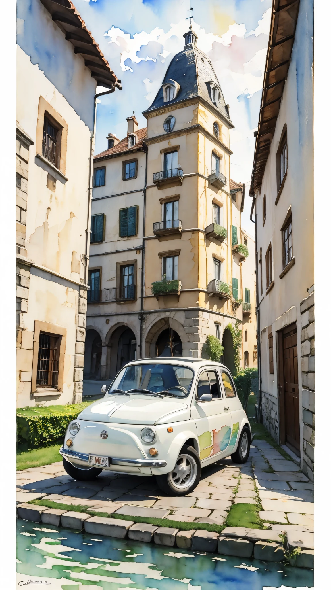 (masterpiece:1.2, Highest quality),(Very detailed),(((watercolor))),8K,wallpaper,Cream-colored Fiat 500,With the castle in the background,blue sky,(((Ghibli style))),透明watercolor
