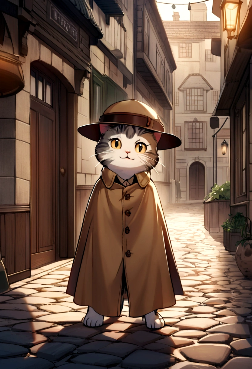 A cute and confident cat dressed as a detective, wearing a brown detective hat and a small cape. The cat is standing proudly in front of a sign that reads "Detective Agency". The background is a vintage-style street with cobblestone pavement and charming old buildings, giving a heroic and adventurous vibe.