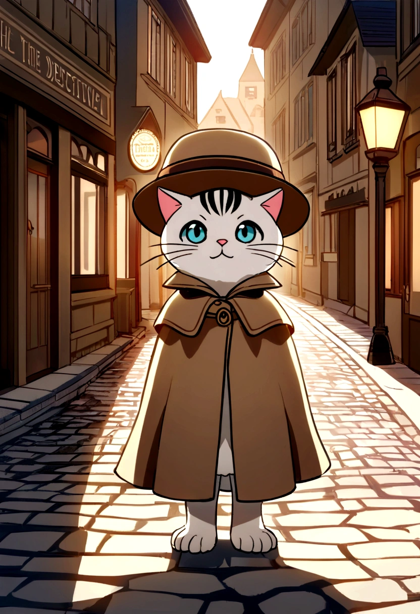 A cute and confident cat dressed as a detective, wearing a brown detective hat and a small cape. The cat is standing proudly in front of a sign that reads "Detective Agency". The background is a vintage-style street with cobblestone pavement and charming old buildings, giving a heroic and adventurous vibe.