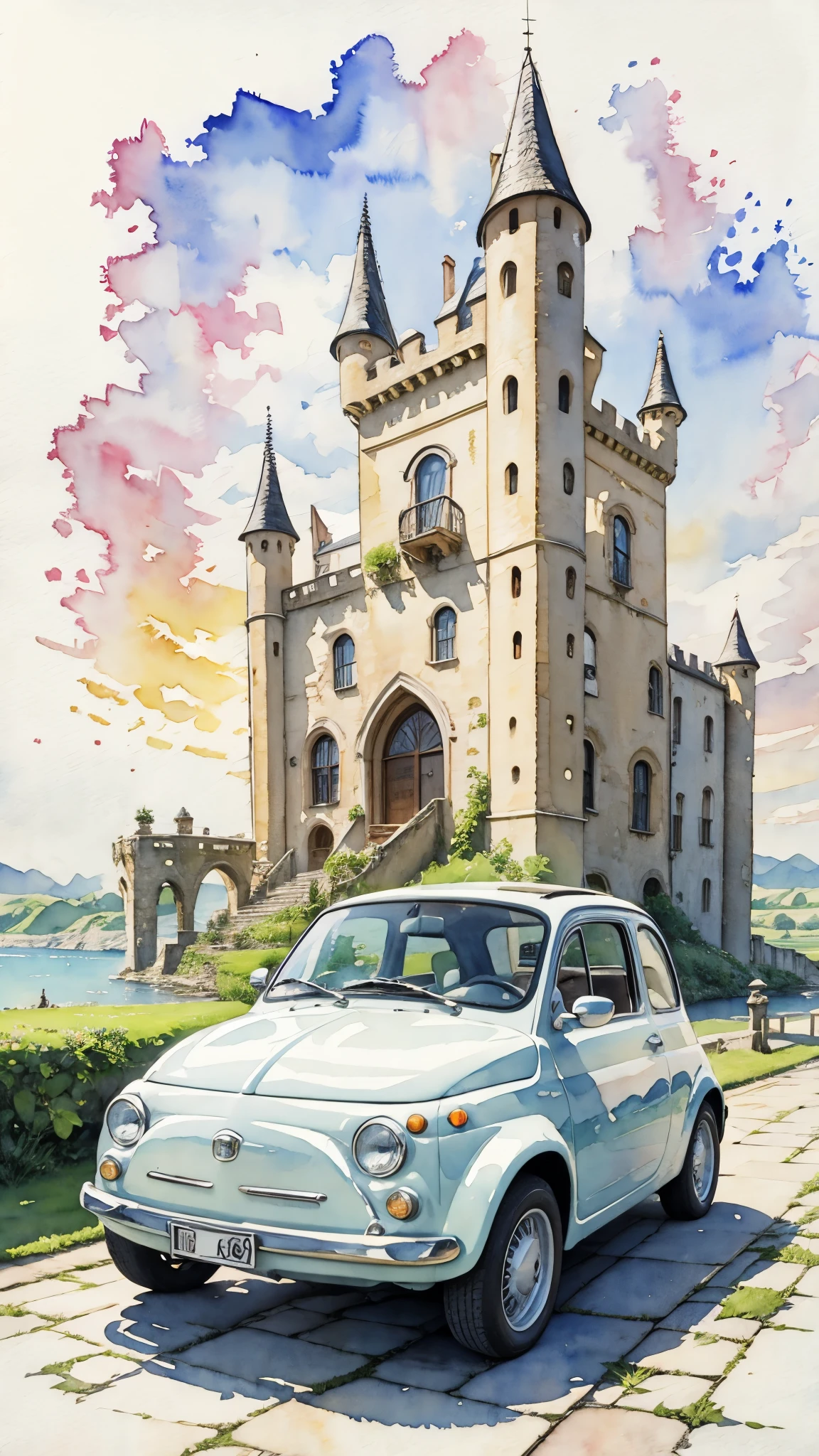 (masterpiece:1.2, Highest quality),(Very detailed),(((watercolor))),8K,wallpaper,Cream-colored Fiat 500,With the castle in the background,blue sky,(((Ghibli style))),透明watercolor