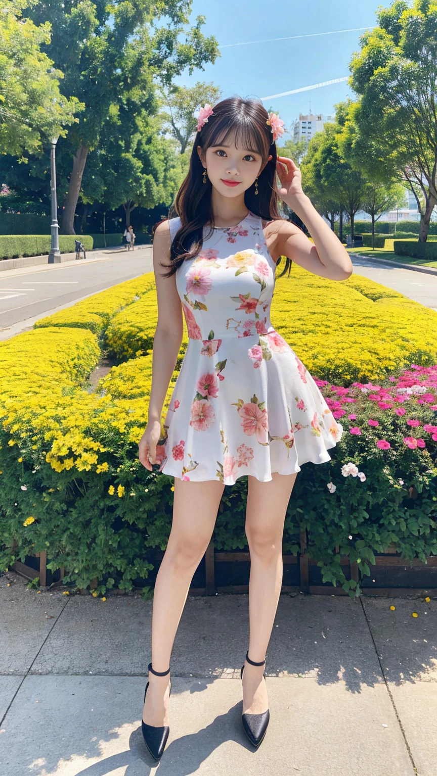 Full body of a cute girl standing in a park with lots of flowers，Sexy Mini Dress，Perfect proportions，Perfect body，