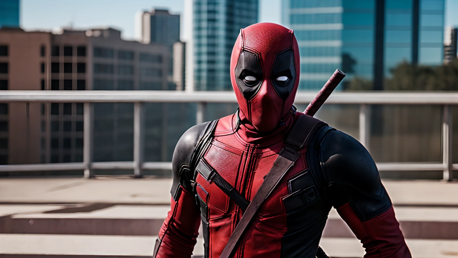Deadpool,Full Red Suit,UHD quality photos,Ultra Detailed,He stand on the edge of the building,Old Urban Background, Cenimatic Lighting,4k,