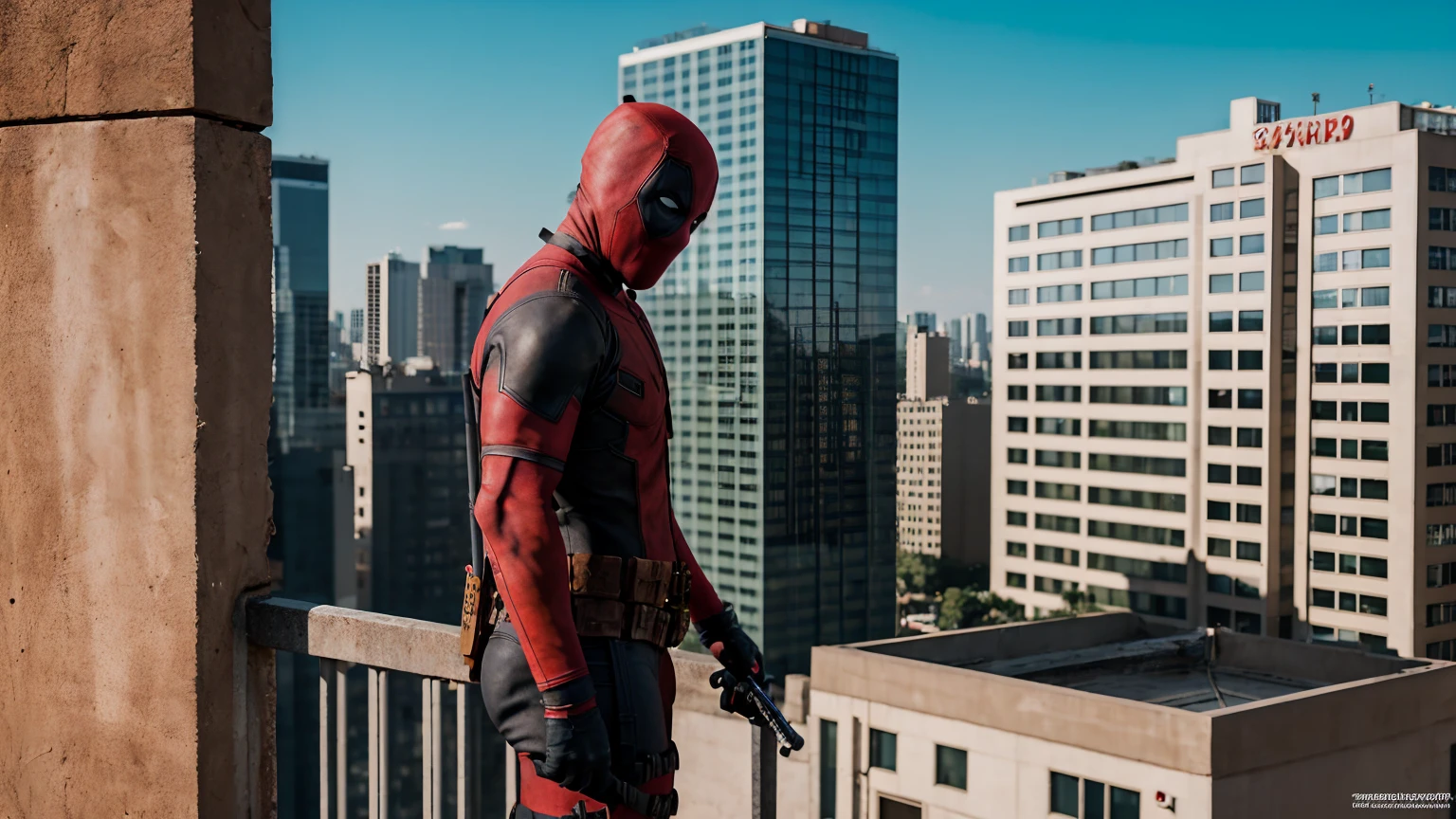 Deadpool,Full Red Suit,UHD quality photos,Ultra Detailed,He stand on the edge of the building,Old Urban Background, Cenimatic Lighting,4k,