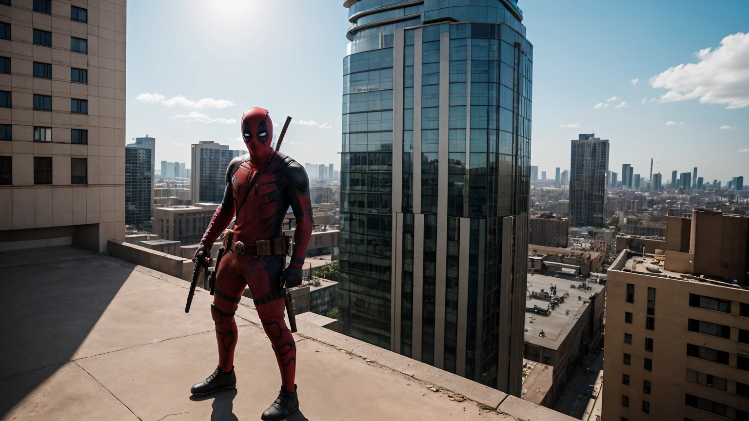 Deadpool,Full Red Suit,UHD quality photos,Ultra Detailed,He stand on the edge of the building,Old Urban Background, Cenimatic Lighting,4k,