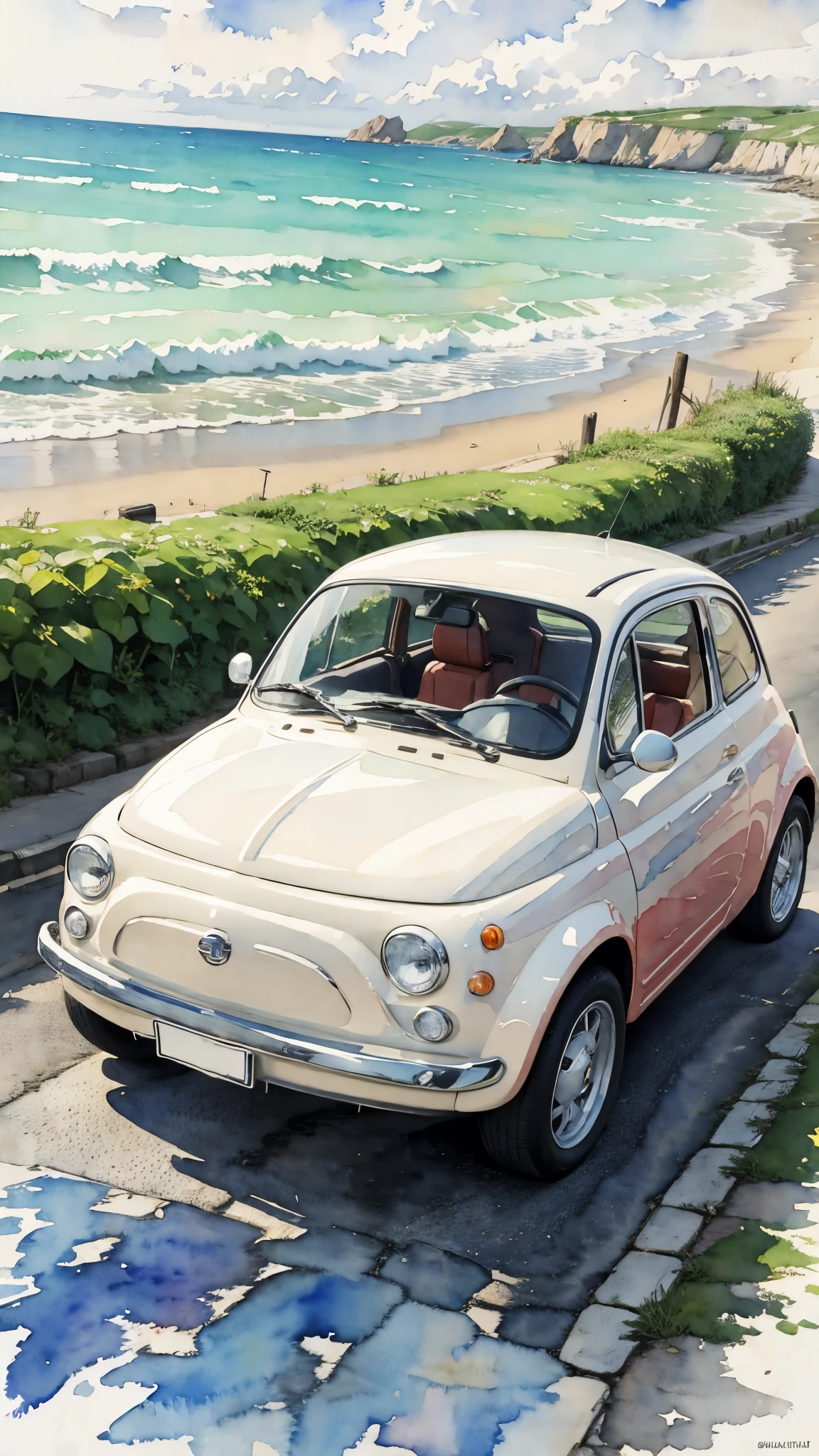 (masterpiece:1.2, Highest quality),(Very detailed),(((watercolor))),8K,wallpaper,A cream-colored Fiat 500 driving along the seaside,blue sky,(((Ghibli style))),透明watercolor
