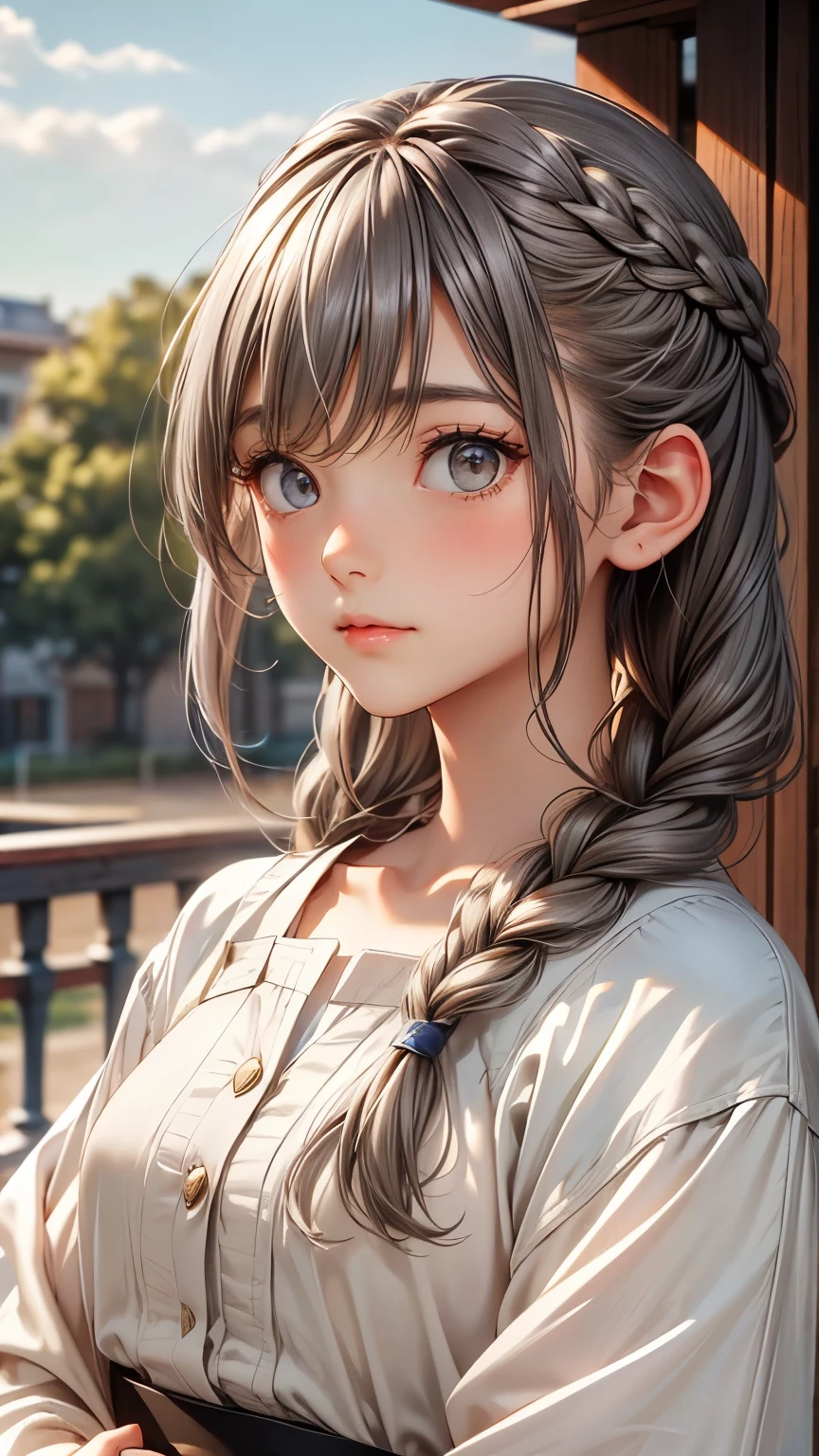 Highest quality, masterpiece,Gray Hair, Golden Eyes,White clothes, look up, Upper Body,hair,Fair skin,Side braid