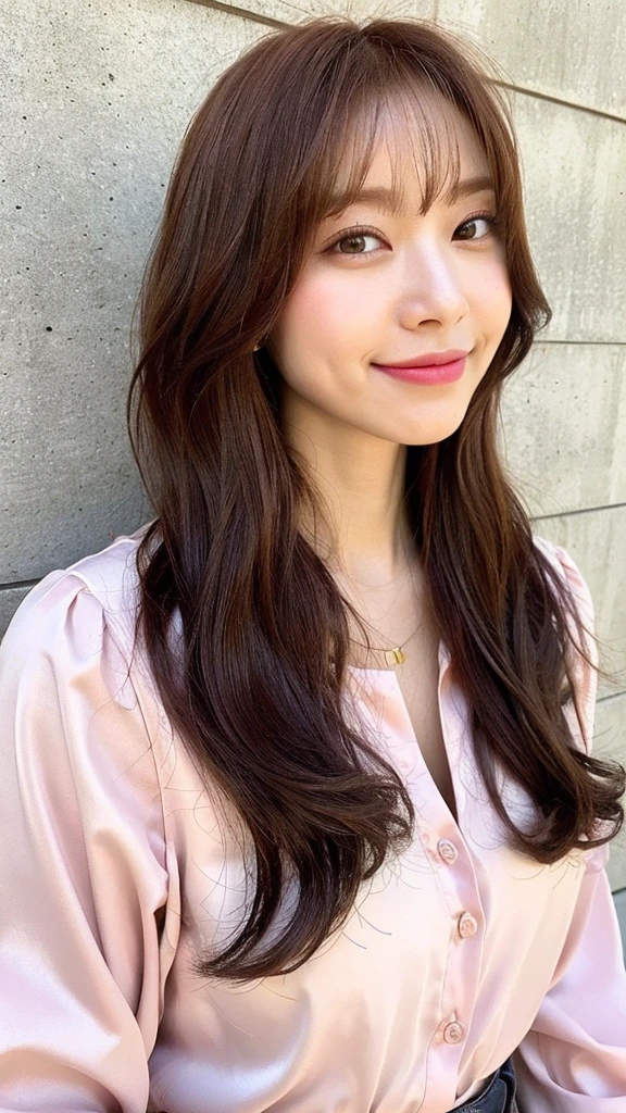 highest quality, 1 beautiful woman,35 years old, s, 35mm lens,, cowboy shot, concrete background、mortar style background、Reddish-brown hair color、fold your arms,Pink long sleeve blouse、mortar style wall,from below、straight hair、straight hair、shiny hair,silky hair、ear to ear smile,"Reddish-brown hair color"、medium hair,medium hair,bob hair、bob cut